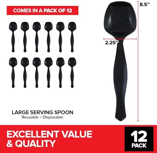 12 Count Disposable Black Plastic Serving Utensils for Catering, Weddings, Holiday Parties and More, Large Plastic Spoons for Buffet, Stock Your Home