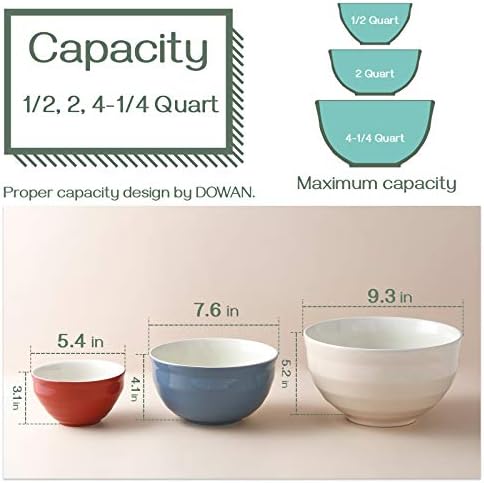 DOWAN Ceramic 4.25/2/0.5 Qt Mixing Bowls for Kitchen, Nesting Large Mixing Bowl Set for Space Saving Storage, Great for Cooking, Baking, Prepping