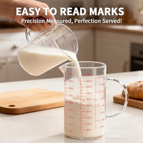 Luvan 34OZ/1000ML Glass Measuring Cup, 4 Cup Glass Measuring Cups With 3 Scales (Ml/Oz/Cup), High Borosilicate Measuring Cup With Handle and V-Shaped Spout, Dishwasher/Freezer/Microwave Safe