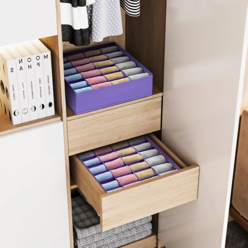 joyoldelf Sock Drawer Organizer Divider 4 Packs Underwear Organizer, 24 Cell Closet Organizers and Storage Organizer Sock Holders Organizers for Storing Socks, Handkerchiefs, Ties, Belts (Purple)