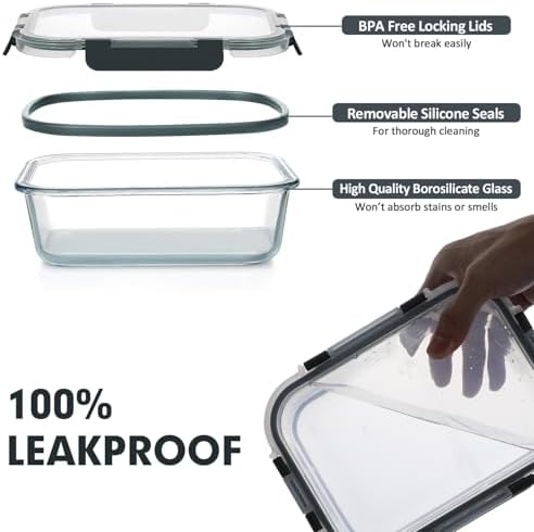 VERONES 30 Pieces Glass Food Storage Containers Set with Lids, Grey