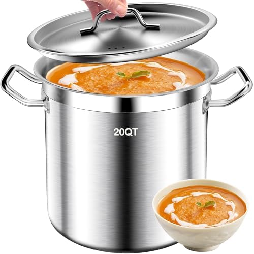 Stock Pot 20QT Stainless Steel Stockpot with Lid, Large Stock Pot - Heavy Duty Tri-Ply Bottom Commercial Grade Stockpots for Boiling Soup Stew Canning Cooking Pots, Big Stockpot, Deep Cookware