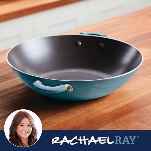 Rachael Ray Cook + Create Nonstick Wok, 14 Inch Stir-Fry Pan - Agave Blue