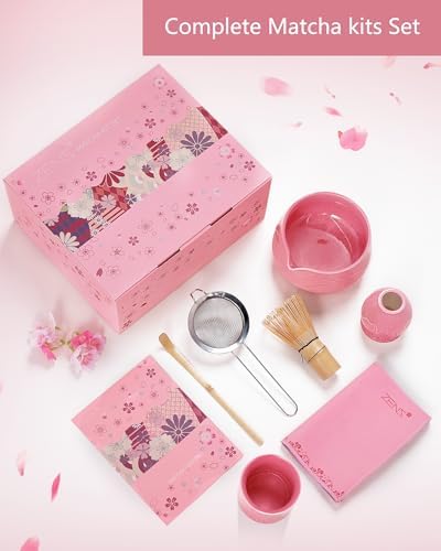 ZENS Premium Matcha Whisk Set with Blooming Cup, 7pcs Matcha Set, Pink