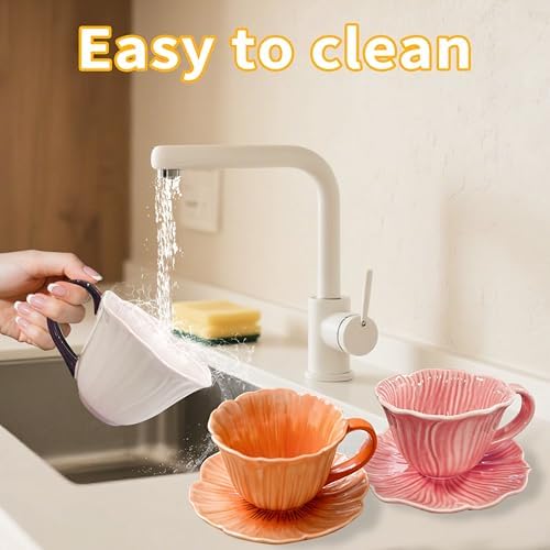 10 oz Tea Cups and Saucers, Ceramic Flower-shaped Cappuccino Cup, Latte Cup and Saucer set, elegant floral Espresso Cup set, Suitable for microwave and dishwasher-Green
