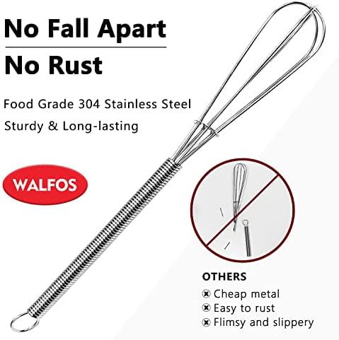 Walfos Mini Whisks Stainless Steel, Small Whisk 2 Pieces, 5in and 7in Tiny Whisk for Whisking, Beating, Blending Ingredients, Mixing Sauces (Pack of 2)