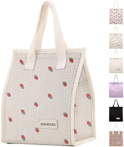 TELLUMO Corduroy Insulated Lunch Bag, 7.75L Large Capacity Reusable Lunch Box, Cute Lunch Tote for Women Men, Leakproof Lunch Cooler for Work Picnic Travel (Corduroy Strawberry)
