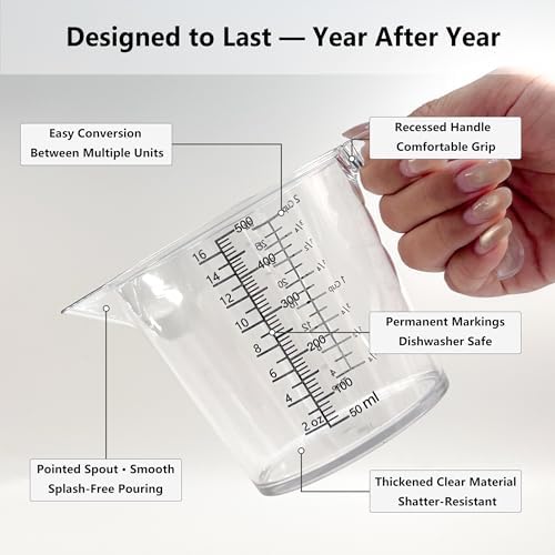 Laser-Etched Measuring Cup Set, 16 oz & 1 Cup Clear Plastic Liquid Measuring Cups, Permanent oz/cup/Tbsp/mL Markings, Food-Grade for Baking & Cooking