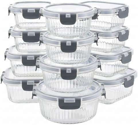 Glass Food Storage Containers with Lids, 12 Piece Glass Meal Prep Containers Set, Airtight Leakproof Snap Lock Lids, BPA-Free, Freezer Microwave Oven Dishwasher Safe, Ribbed Glass Containers