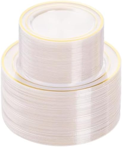 BESTVIP 200PCS Clear Gold Plastic Plate, Disposable Party Plates