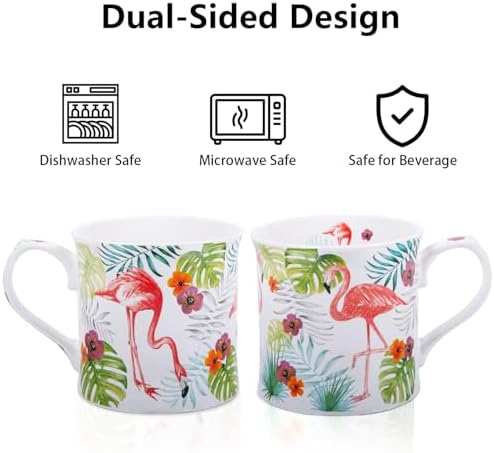 Flamingo Coffee Mug, Pink Flamingo & Tropical Plants Ceramic Mug, 12oz New Bone China Tea Mug, Birthday & Summer Gift for Women & Girls, Designed in England by Harvest Green Studio