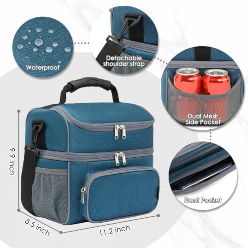 FlowFly Double Layer Cooler Insulated Lunch Bag Adult Lunch Box Large Tote Bag for Men, Women, With Adjustable Strap,Front Pocket and Dual Large Mesh Side Pockets