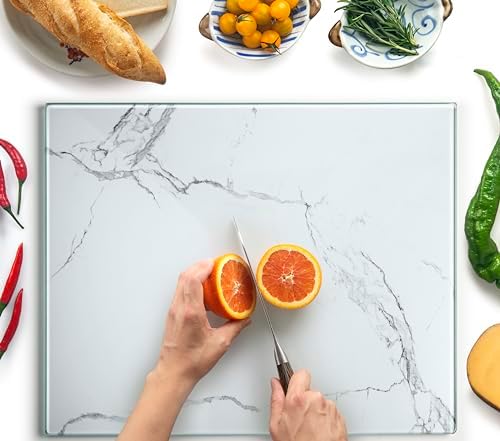 Kitchenville Glass Cutting Board 20”x16”: Tempered Glass Kitchen Counter Protector - Durable- Scratch-Resistant, Heat-Proof - Design 2 - White Marble Effect