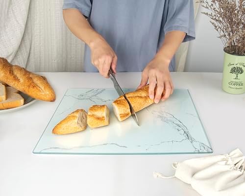 Kitchenville Glass Cutting Board 16"x12": Tempered Glass Kitchen Counter Protector - Durable- Scratch-Resistant, Heat-Proof - Design 2 - White Marble Effect