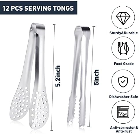 JCREN 12 Pack Mini Tongs - Small Stainless Steel Food Tongs for Serving Appetizers, Tea Party, Coffee, Desserts - 5 inch - Silver