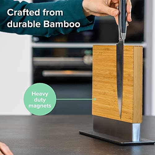 Coninx Magnetic Knife Holder with display stand, Double Sided Strong Magnetic Knife block for Kitchen counter top, Universal empty storage Organizer Block (Bamboo Wood)