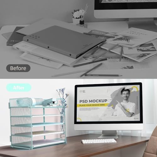 Letter Tray Paper Organizer 5-Tier Desk Organizer File Organizer Paper Holder with Handle, Metal Desktop Document Shelf Tray Office Classroom Organization - Blue