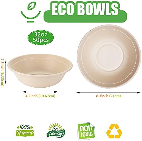 Disposable Paper Bowls, 32 Oz [50 Pack] Large Bowl-100% Compostable, Biodegradable, Eco-friendly - Convenient for Daily Use for Salad, Hot Soup, and Pasta