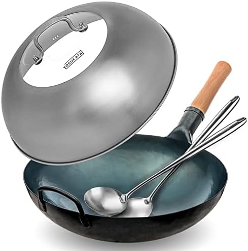 YOSUKATA Blue Carbon Steel Round Bottom Wok Pan 14" + Stainless Steel Wok Lid + 17’’ Spatula and Ladle - Set of 2 Heat-Resistant Tools