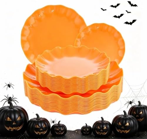 LIYH 24 Orange Plastic Plates Reusable for Thanksgiving Halloween 12 Guests