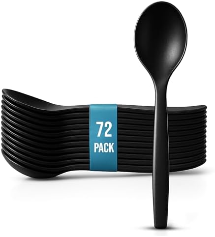 10" Black Plastic Serving Spoons for Buffet, 72 Pack