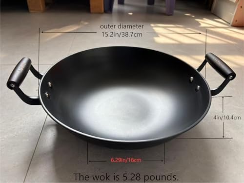 Chinese Wok with Lid, 15.2 Inch Flat Bottom, Cast Iron