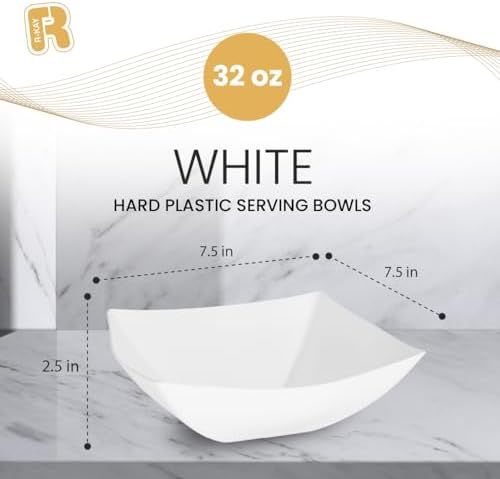 R-kay 6 Pack Square Plastic Serving Bowls - White Plastic bowls 32 Oz - White Salad Bowls Large Serving, Premium Heavy Duty For Weddings Catering And Birthday parties