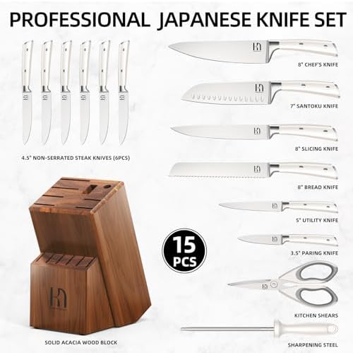 KnifeSaga 15 Pcs Japanese Knife Set with Sharpener, Premuim, Razor Sharp