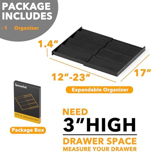 SpaceAid Bamboo Black Spice Drawer Organizer, (Need 3" Deep Drawer) Expandable 4 Tier Spices Rack for Cabinet, Kitchen Seasoning Storage Insert (Jars Not Included, From 12" to 23" Wide)
