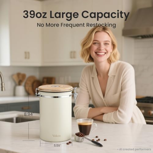 Veken Coffee Canister,39OZ, 2.2lbs,Large Airtight Stainless Steel Container Kitchen Food Storage Jars for Beans,Ground, Espresso, Rice,Tea, Sugar, Cereal, Gifts, Date Tracker, Scoop, Cream (Pack of 2)