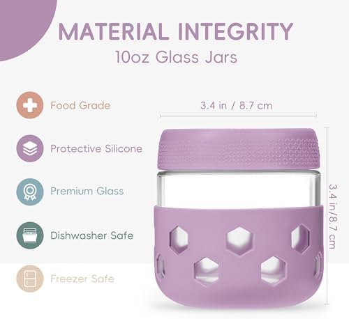 Gemice 6-Pack 10 oz Overnight Oats Containers with Lids and Silicone Sleeves, Glass Mason Jars with Airtight Lid, Dishwasher Safe, Wide Mouth Chia Seed Pudding Meal Prep Jar for Yogurt Berries Snack