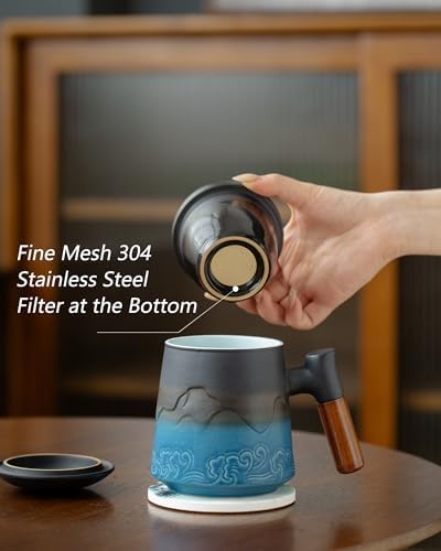 ZENS Tea Cup with Infuser and Lid & Coaster for Tea Steeper, 15oz Blue