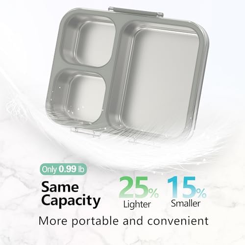 HOMEKOL Stainless Steel Bento Lunch Box 3-Compartment, 4.2Cups, Grey