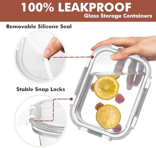 Razab 30 PC Glass Food Storage Containers with Lids - Reusable Glass Meal Prep Containers for Lunch and Leftovers - Airtight & Leakproof Snap Locking Lids - Oven, Freezer, Microwave, Dishwasher Safe