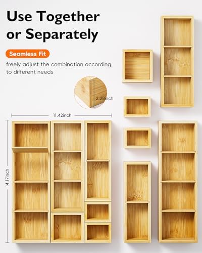 Bamboo Drawer Organizer Set, 6 PCS Trays with 12 Compartments