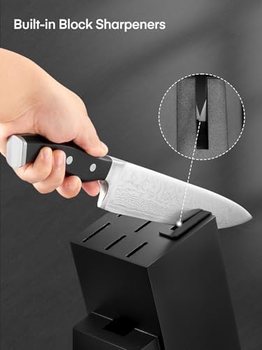 Knife Set, D.Perlla 8 Pieces Kitchen Knife Set with Built-in Sharpener, High Carbon German Stainless Steel Knife Block Set with Unique Waved Pattern, Non-slip Handle, Black