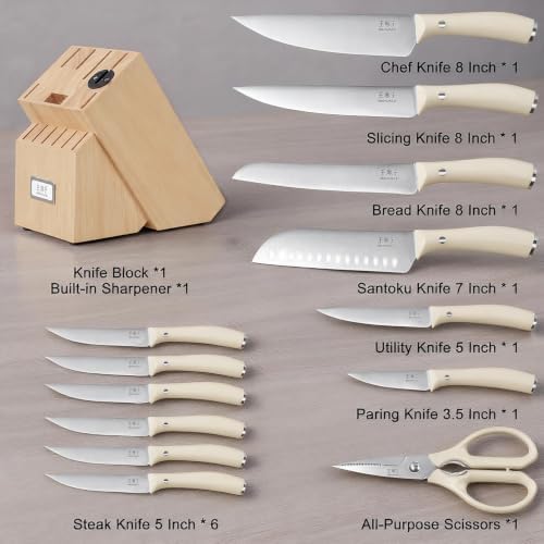WANGMAZI 15‑Pcs Knife Block Set, High Carbon Steel, Natural