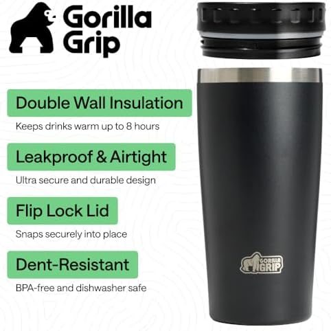 GORILLA GRIP 304 Stainless Steel Travel Coffee Mug, 20oz Tumbler, Black