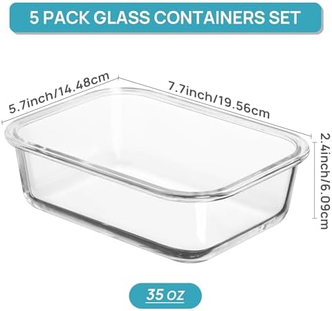 Vtopmart 10 Pack 35oz Glass Food Storage Containers with Lids, Meal Prep Containers, Airtight Reusable Lunch Container Set, Safe for Oven, Microwave, Freezer, and Dishwasher, Grey