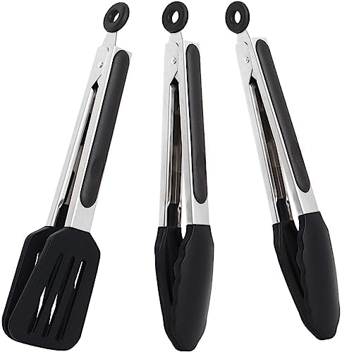 9 Inch Kitchen Tongs with Silicone Tips Set of 3(Black)