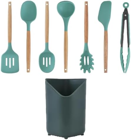 Glad Silicone Kitchen Utensils Set, 8pcs - Nonstick Cooking Tools with Wooden Handles and Utensil Holder - Spatula Set with Turner, Ladle, Spoons, Tongs, and Spaghetti Server - Teal Green