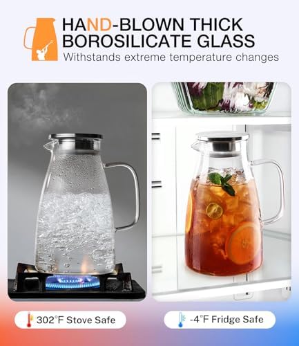 68oz Glass Pitcher with Lid, Borosilicate Pitcher with Handle and Spout