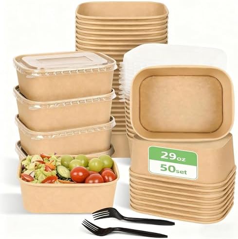 50 Pack Disposable Meal Prep Containers, 29oz Disposable Large Paper Bowls with Lids and Forks for Salad, Noodles, Freezer and Microwavable Storage Use Cardboard Food Containers