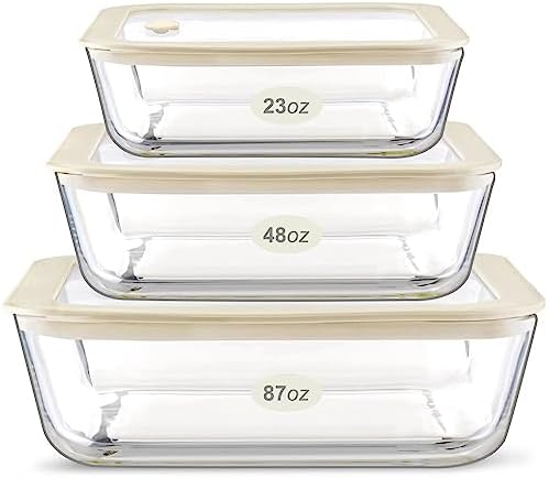 Urban Green Glass Food Container Set with Silicone Glass Lid, 3 Pack, Airtight, LeakProof, 100% Plastic Free, Meal Prep Containers (White Color)