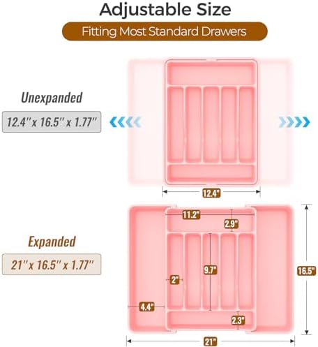 ukeetap Extra Large Expandable Silverware Organizer, Flatware Tray, Pink