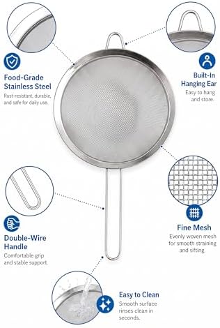 HiramWare Fine Mesh Strainer, Large Stainless Steel Colander with Handle, Sieve for Pasta, Rice, Quinoa, Spaghetti, Fruits, Berry, Flour, Veggies, Metal Sifter for Kitchen