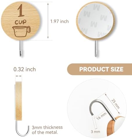 12 Pack Wooden Hooks for Organizing Measuring Cups and Spoons with Stickers