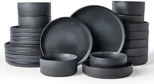 Famiware Star Stoneware Dinnerware Sets with Pasta Bowls, 24pc Dishes for 6