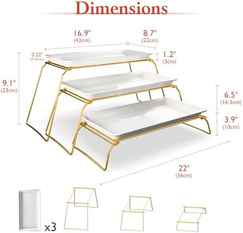 Bumusty Large 3-Tier Melamine Serving Tray Set, 17 x 8.7 in, Gold Stand