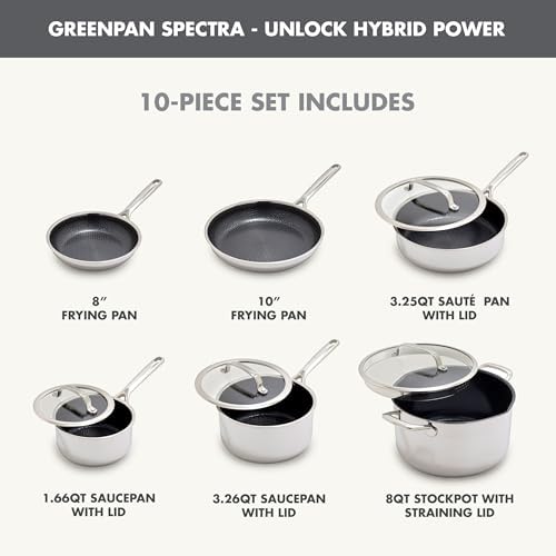 GreenPan Spectra 10 Piece Cookware Set,Hybrid Tri-Ply Stainless Steel, PFAS-Free Ceramic Nonstick Textured Cooking Surface,Induction Pots & Pans with Lids, Dishwasher Safe,Oven & Broiler Temp to 850˚F